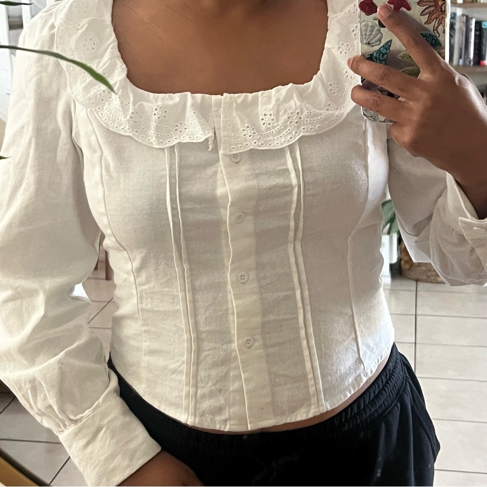 White Ruffled Square-Neck Button Front Top - image 1